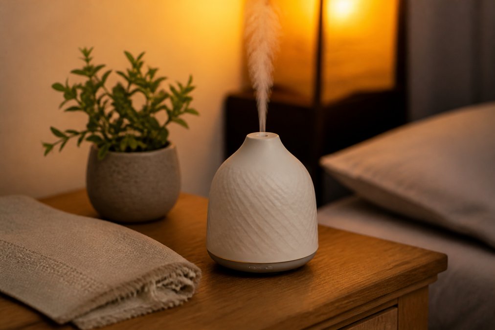 A ceramic essential oil diffuser releasing a soft mist on a wooden nightstand beside a small plant and a folded linen cloth, warm amber ambient lighting glowing softly in the background