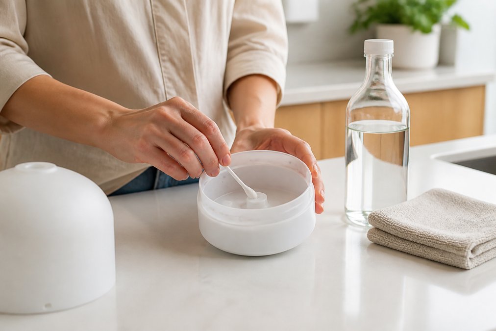 Close-up of hands gently wiping the inside of a small white ultrasonic diffuser water reservoir with a cotton swab, a bottle of white vinegar and a soft cloth sitting nearby on a clean white countertop in bright natural light