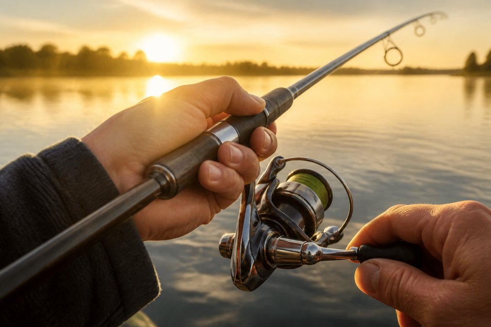 Angler's hands holding a fishing rod and reel over calm water at sunrise, showing detailed corrosion-resistant components and quality construction with morning light reflecting off the water