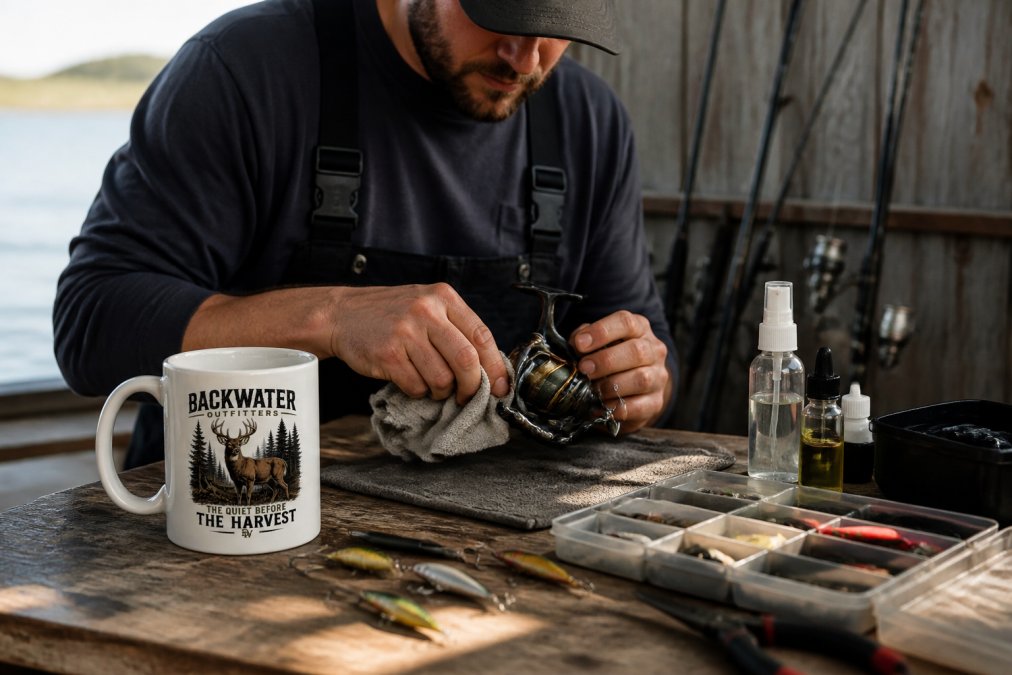 Angler's hands cleaning and maintaining fishing tackle on a workbench with various cleaning supplies, tools, and maintenance equipment nearby in natural daylight