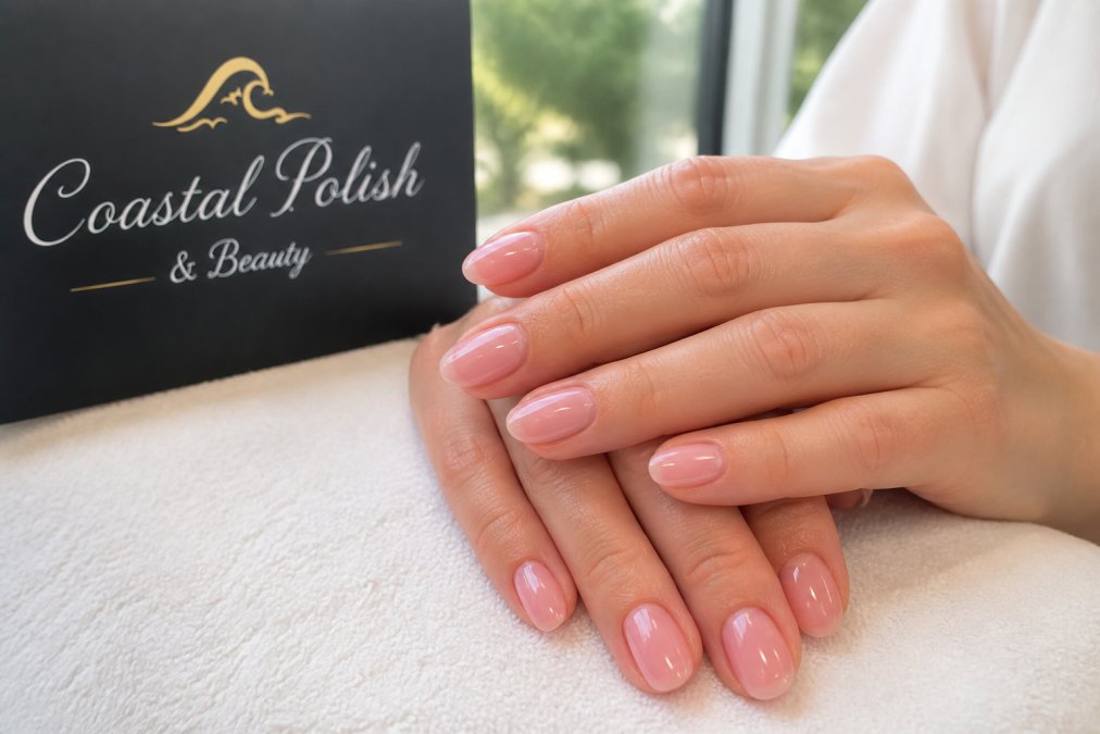 Close-up of hands with a fresh gel manicure showing well-maintained nails with a glossy finish and clean cuticles in natural daylight