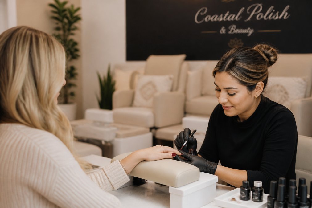Serene, modern nail salon interior with comfortable seating, soft lighting, and professional nail technician carefully applying gel polish to client's nails