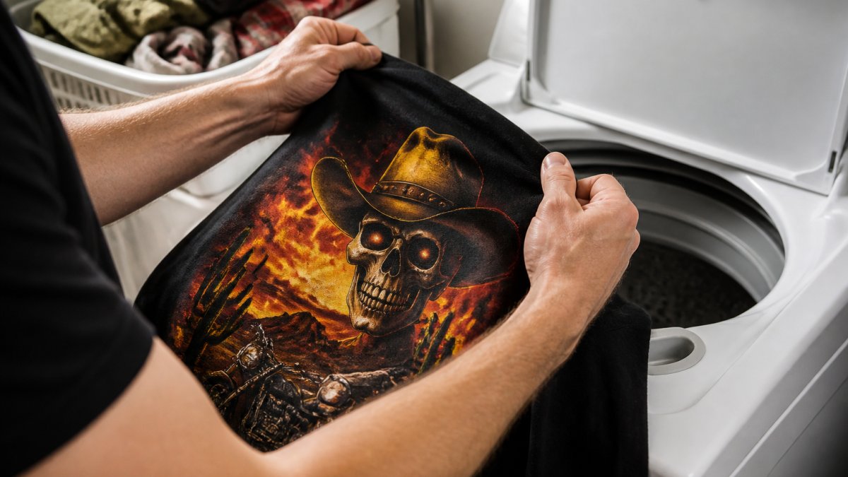 Step-by-step diagram showing how to turn a graphic tee inside out before washing to prevent design damage
