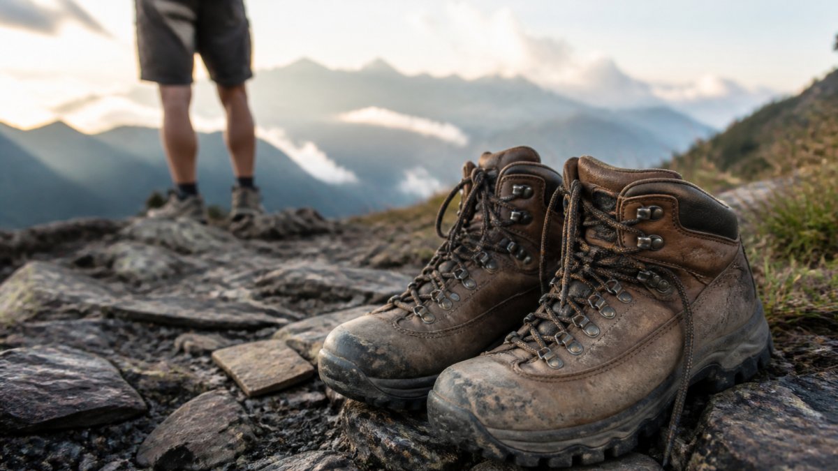 Scuffed leather long lasting hiking boots with deep treads resting on a rocky trail in the morning light