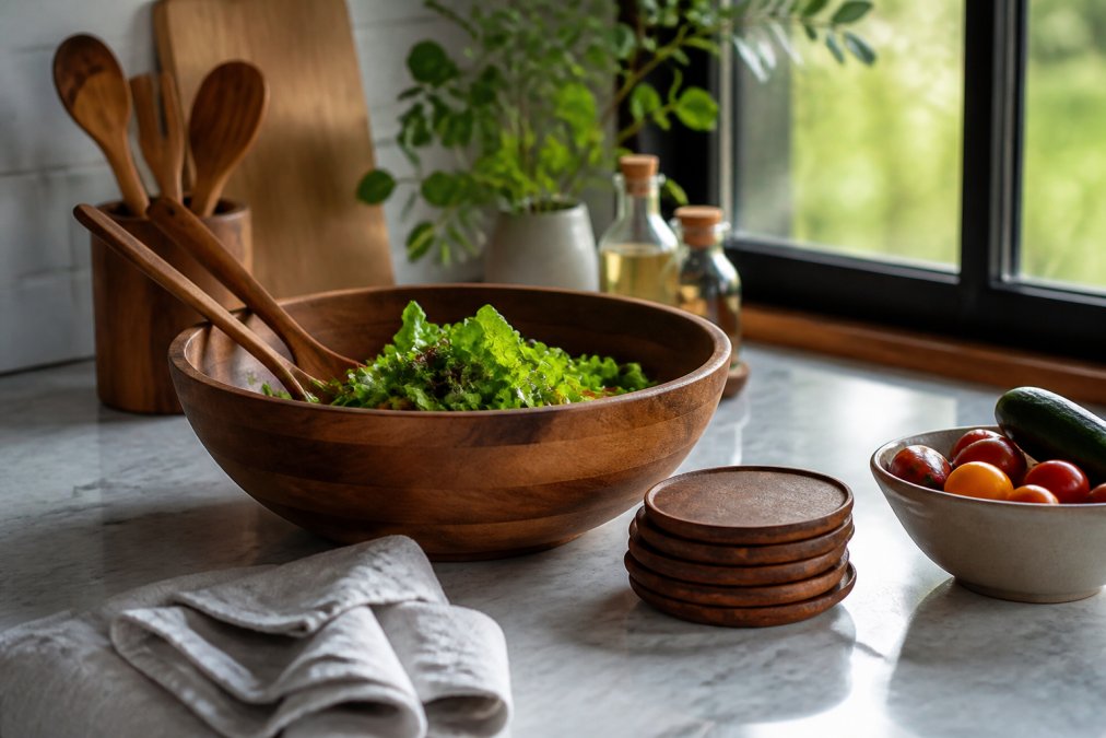 Warm, naturally lit kitchen with a selection of ForestCraft wooden kitchenware arranged naturally in use—fresh ingredients being prepared, a wooden serving bowl on the counter, utensils nearby, and a welcoming dining table softly visible in the background. Authentic home setting, warm wood tones, natural food, minimal styling, realistic textures, no staged or artificial appearance.