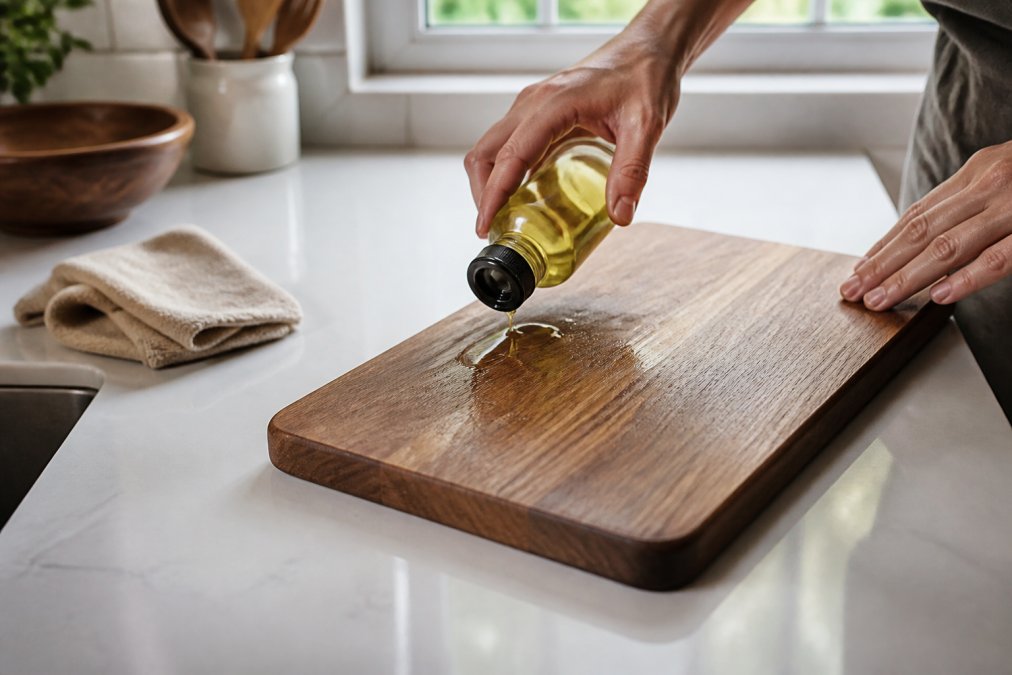 Close-up of hands gently conditioning a natural wood kitchen utensil with food-safe mineral oil and a soft cloth on a warm wood countertop. A wooden bowl and several utensils rest naturally nearby. Soft window light, warm neutral tones, authentic home kitchen, realistic wood grain, minimal styling.