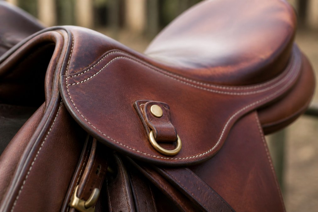 Close-up of quality leather saddle showing fine stitching detail, polished hardware, and the rich patina of well-maintained tack in natural light