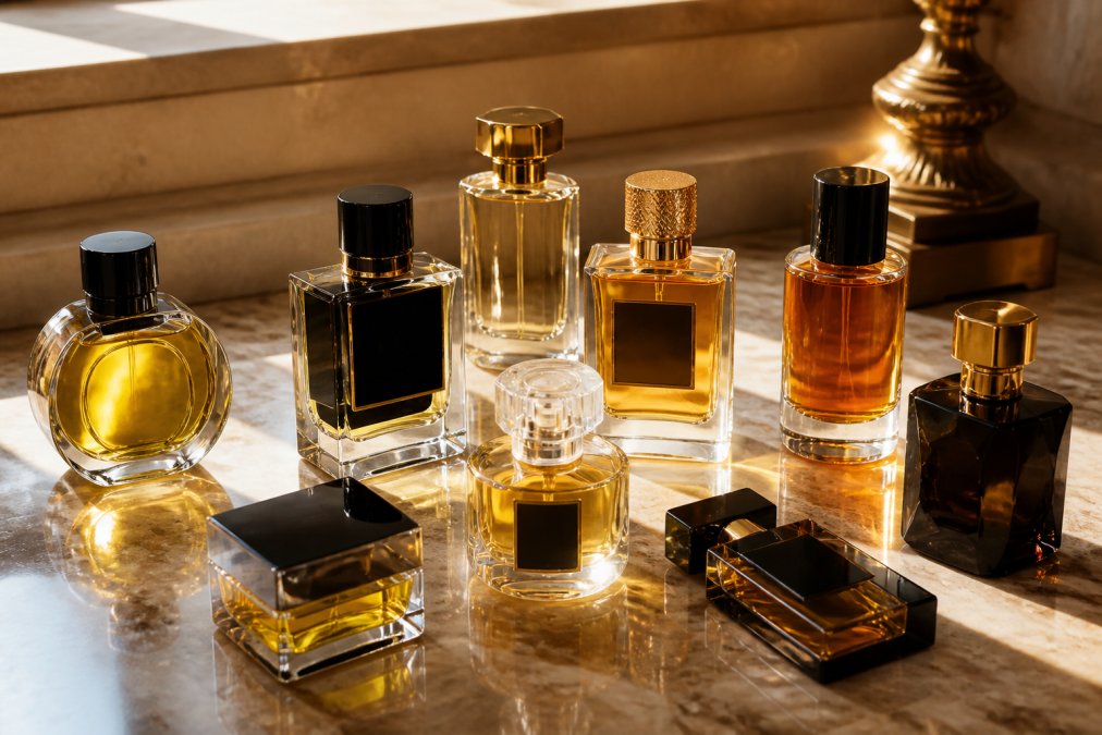 Luxury niche fragrance bottles arranged on polished marble surface with soft golden sunlight streaming across, showcasing elegant glass vessels and artisanal labels