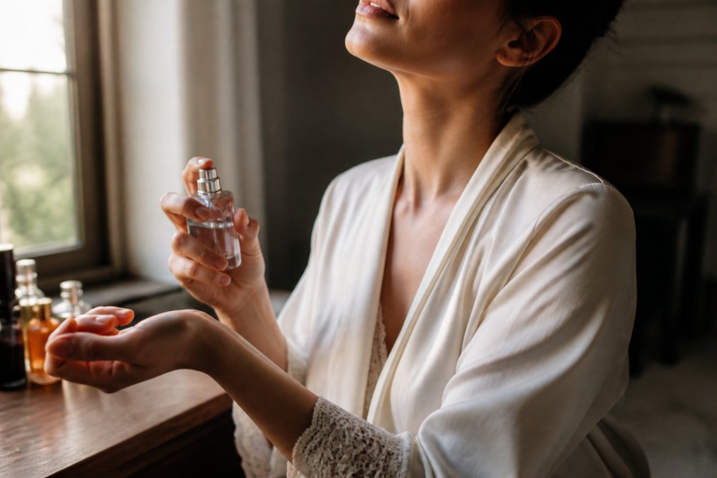 Close-up of person applying fragrance to pulse points on inner wrist and neck area, demonstrating proper technique with natural window lighting illuminating the skin