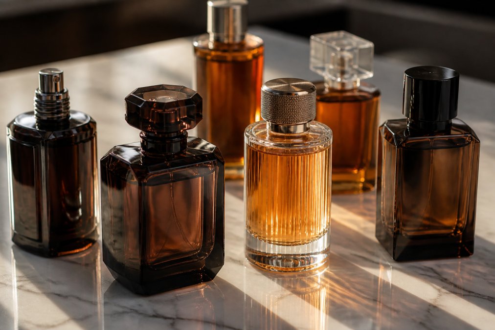 Amber and dark glass bottles of long lasting niche perfumes arranged elegantly on a polished marble surface