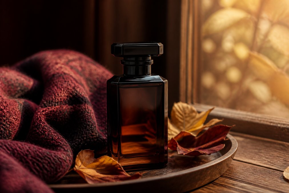 Dark amber bottle of long lasting perfumes on a wooden tray with autumn leaves and a cozy knit scarf.