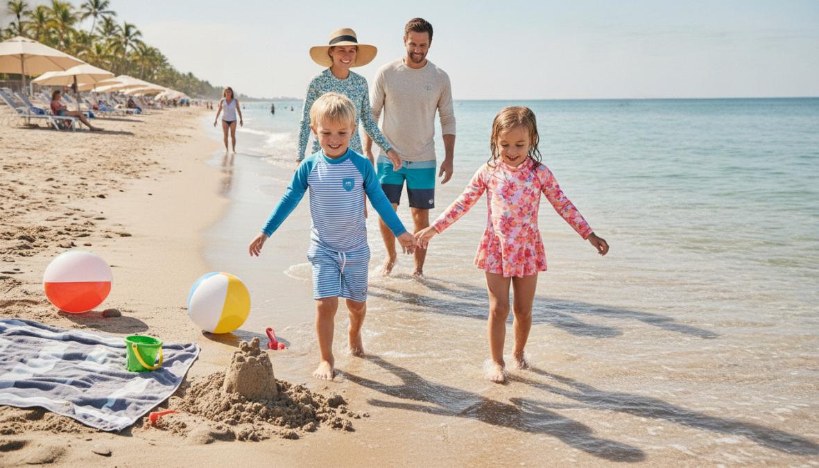 Children wearing bright, high-visibility long sleeve swim sets playing safely in a pool with parents supervising nearby