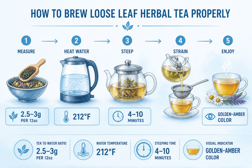 Watercolor diagram showing brewing process: water temperature 212°F, steeping time 4-10 minutes, tea-to-water ratio 2.5-3g per 12oz, visual indicators of golden-amber color