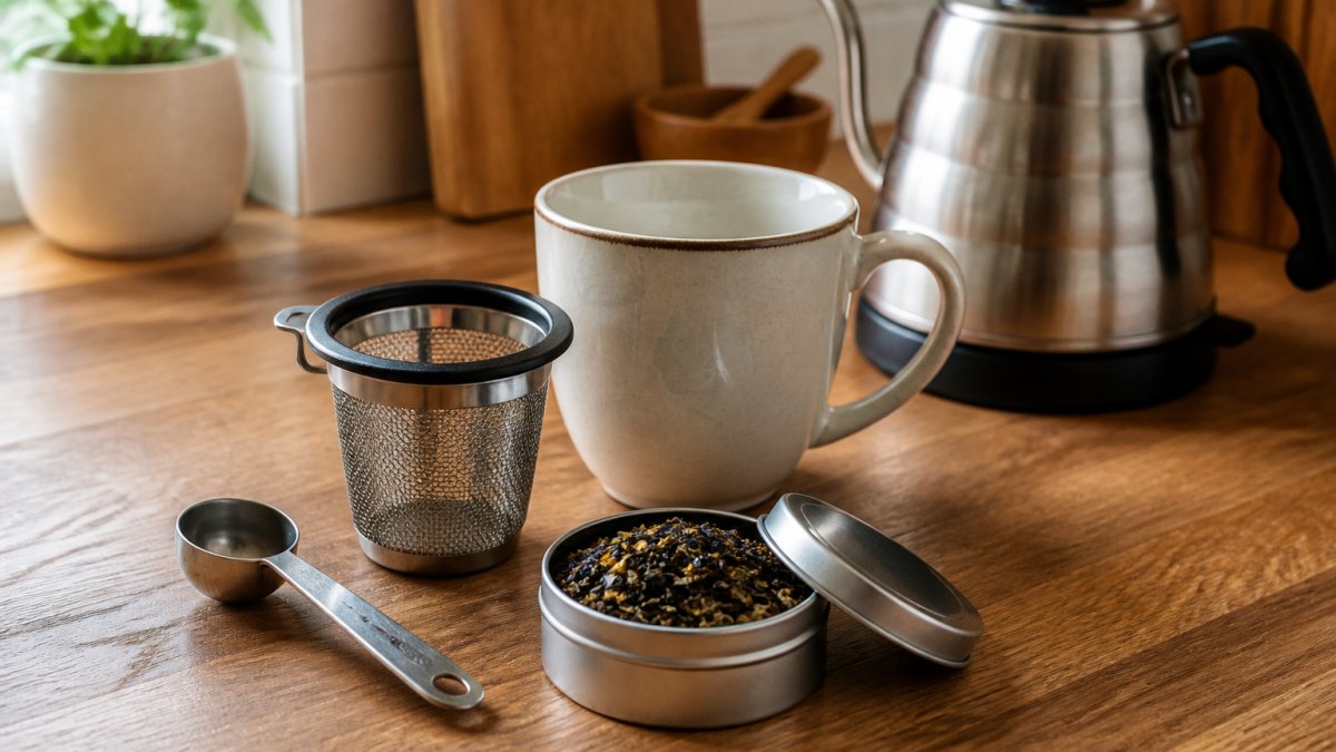 Flat-lay of a tea starter kit with an infuser, loose leaves, a measuring spoon, and a ceramic mug on a wooden counter.