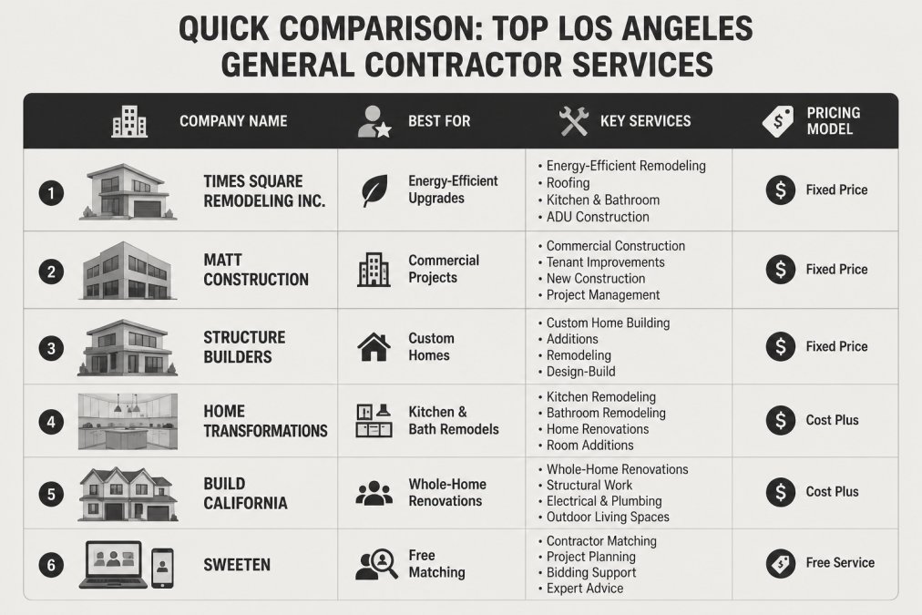 Comparison chart of six Los Angeles general contractor services detailing key specialties and pricing models.