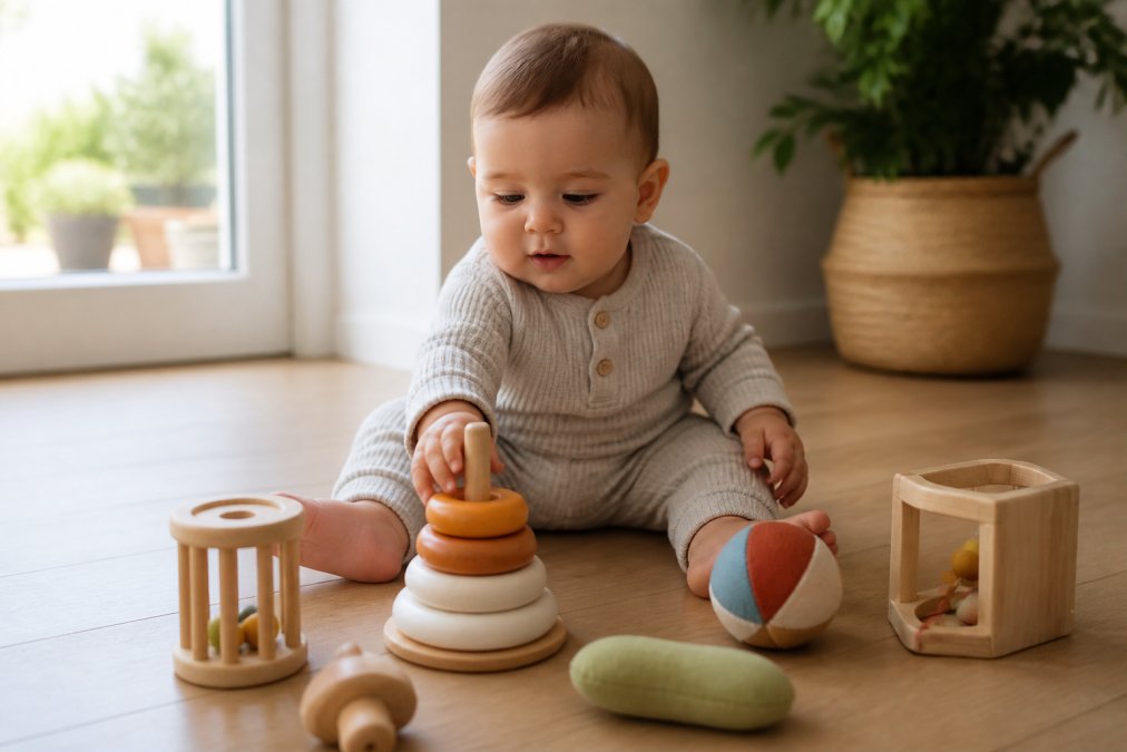 Toddler sitting on light wooden floor, reaching for and grasping wooden stacking rings and soft sensory toys, hands exploring textures, natural daylight from window illuminating fine motor skill development