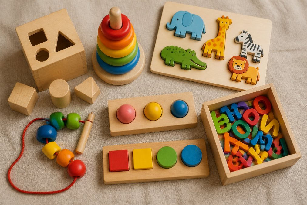 Flat lay of affordable wooden toys, magnetic letters, colorful wooden puzzles, and stacking rings arranged on neutral beige linen background, showing variety of individual Montessori-inspired items at different price points with soft natural lighting