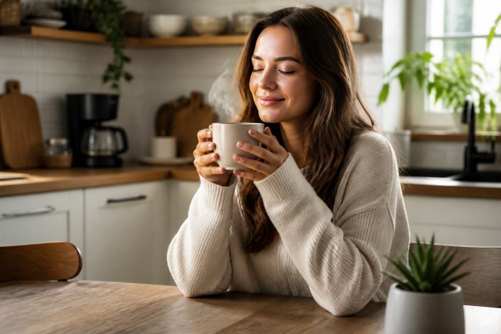 A person holding a warm ceramic coffee mug with steam rising, sitting comfortably in a bright, cozy home kitchen setting, looking relaxed and content
