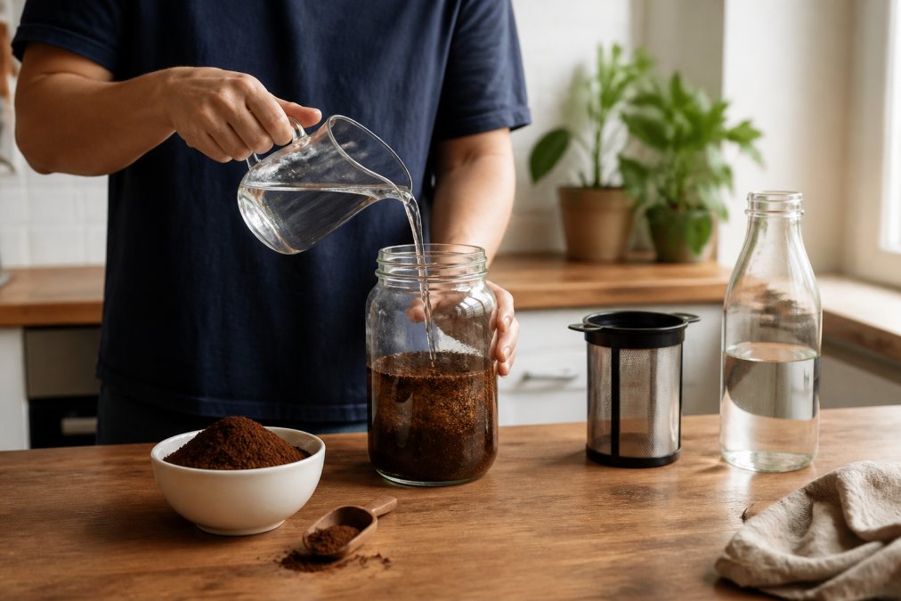 Person preparing cold brew coffee in a glass jar on kitchen counter with fresh ground coffee and filtered water, natural window lighting