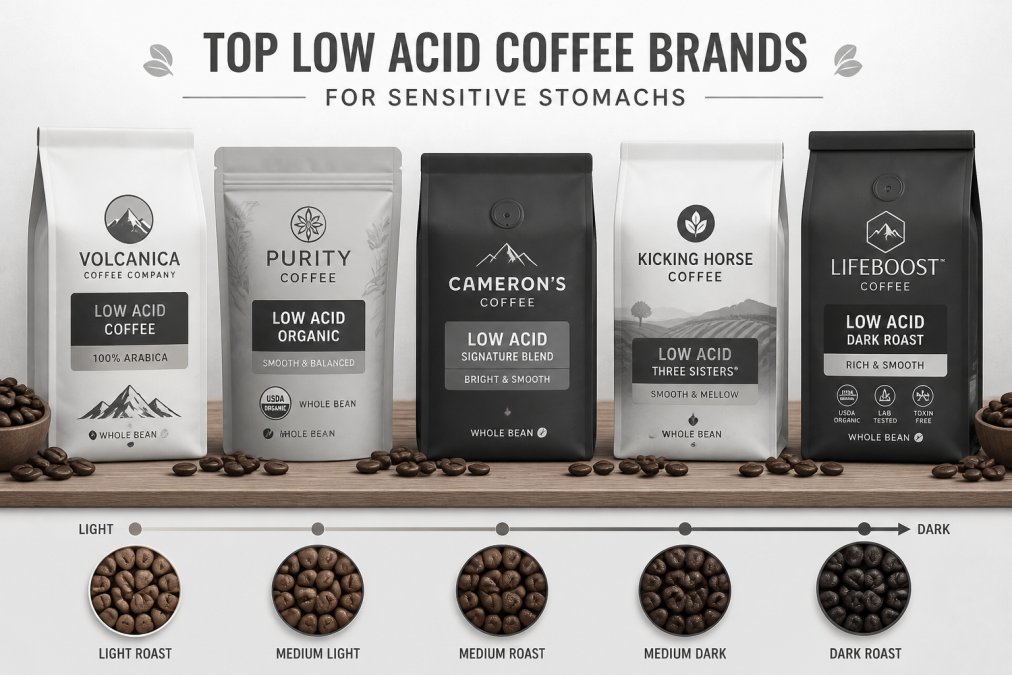 Close-up of various low acid coffee bags and packages arranged on wooden surface with fresh coffee beans scattered nearby, showing different roast colors from light to dark