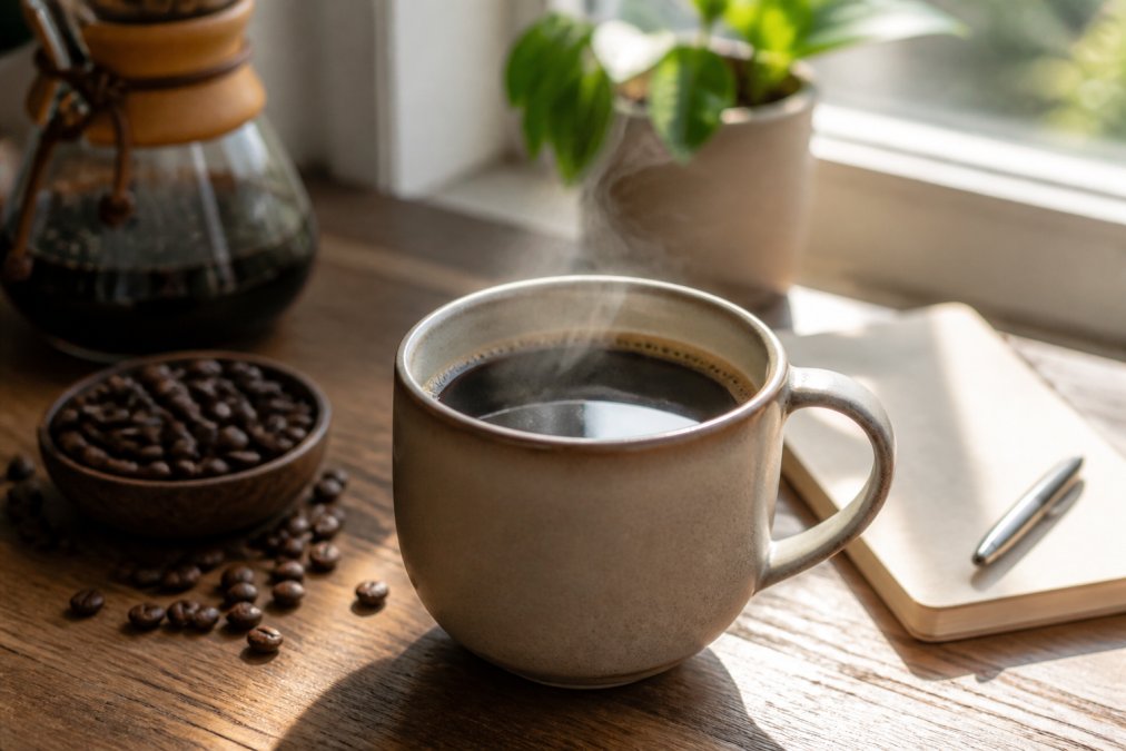 Close-up of freshly brewed low-acidity coffee in a ceramic mug on a morning desk setup with beans scattered nearby, soft natural window light