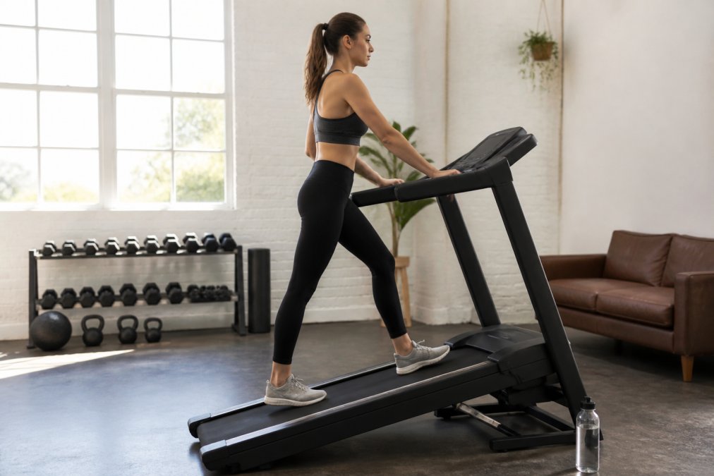 Woman walking on an incline treadmill in a sunlit home gym for low impact cardio exercise