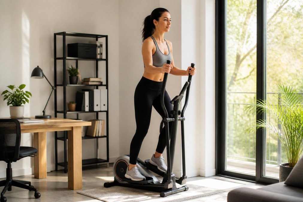 Person using a compact elliptical trainer in a bright home office, demonstrating proper posture with feet planted and arms engaged in the fluid motion
