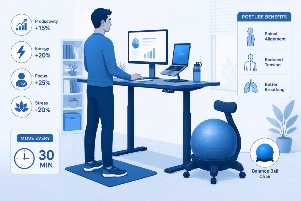 Remote worker at a standing desk with a balance ball chair visible nearby, showing an integrated home workspace setup for daily movement and posture support
