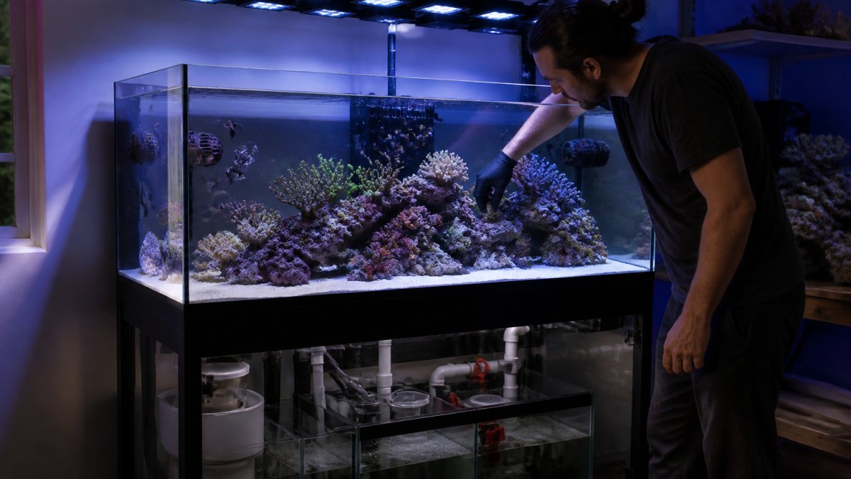 Professional aquascaper arranging live rock and corals inside a rimless low-iron glass reef tank with clear viewing panels and built-in sump system visible below