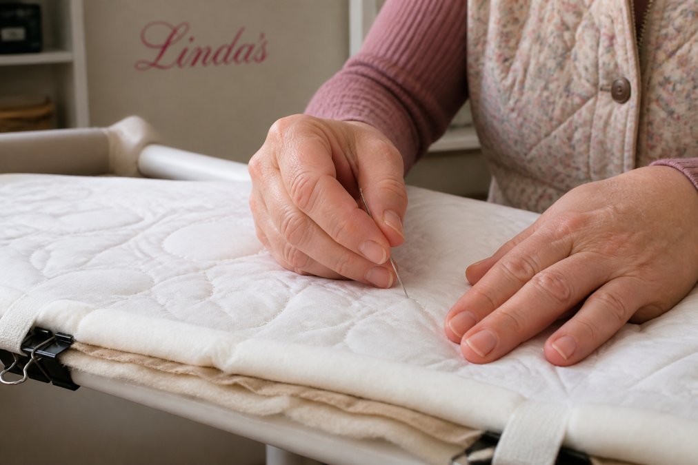 Close-up of quilter's hands working with low loft batting on a quilting frame, showing needle penetration and stitch detail with fabric layers visible