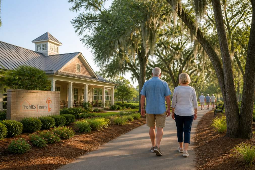 Active adults aged 55+ walking a tree-lined community trail past a clubhouse in warm afternoon light, Spanish moss in the oaks overhead