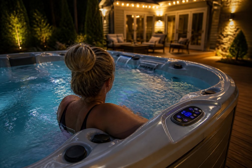 Homeowner relaxing in outdoor hot tub during evening with soft ambient lighting, control panel visible with illuminated buttons and water jets creating gentle ripples