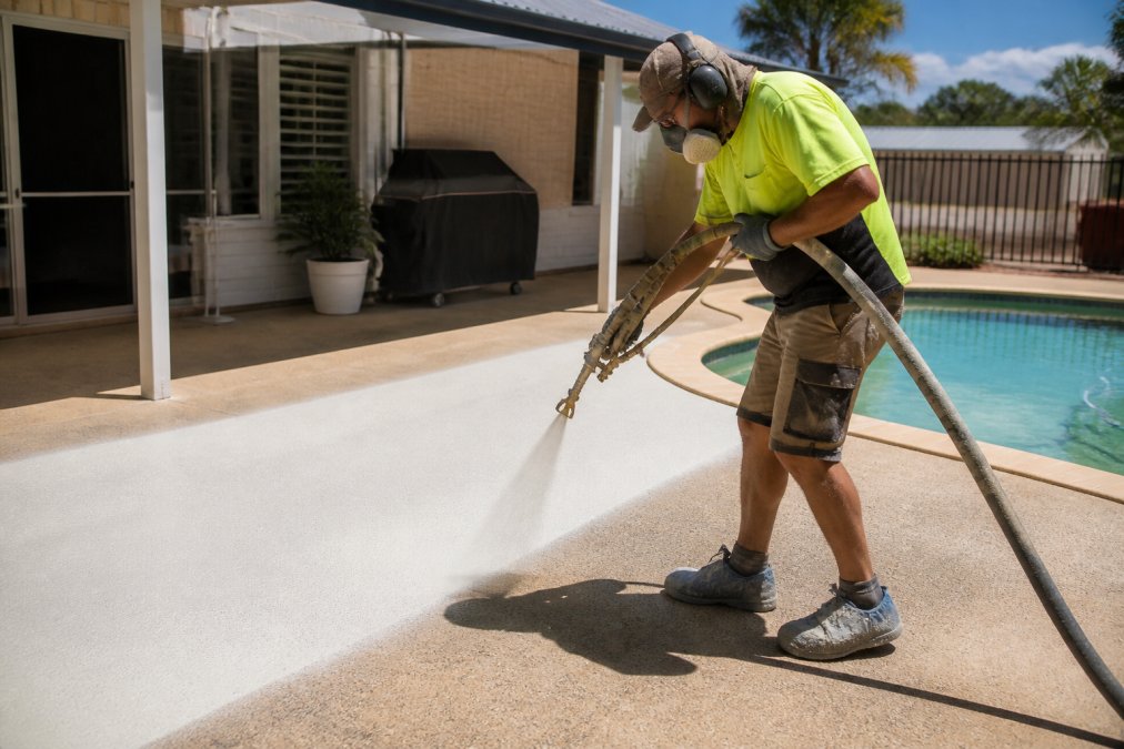 Contractor applying non-slip pool surfacing to a sunny residential deck
