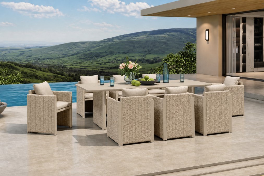 Outdoor furniture weathering different climate conditions, showing pieces in bright sunlight, near water features, and in natural outdoor environments demonstrating durability across aluminum chairs, wicker seating, and cushioned pieces