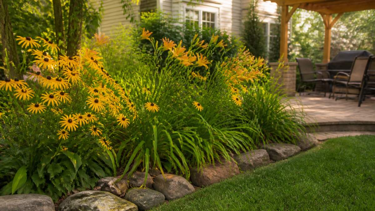 Sunny backyard garden bed with vibrant black-eyed susans and golden daylilies in full bloom, demonstrating how low-maintenance plants create seasonal color with minimal effort