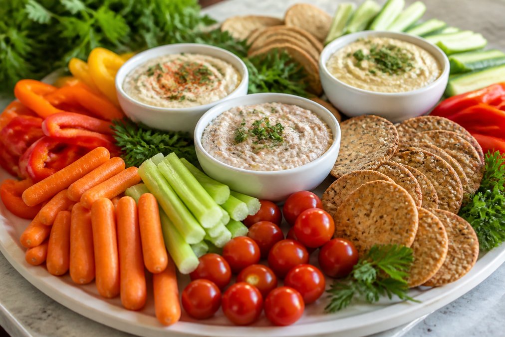 Colorful party platter with multiple low sodium dips in white bowls surrounded by fresh vegetable sticks including carrots, celery, bell peppers, cherry tomatoes, and whole grain crackers, with fresh herbs scattered around and natural lighting