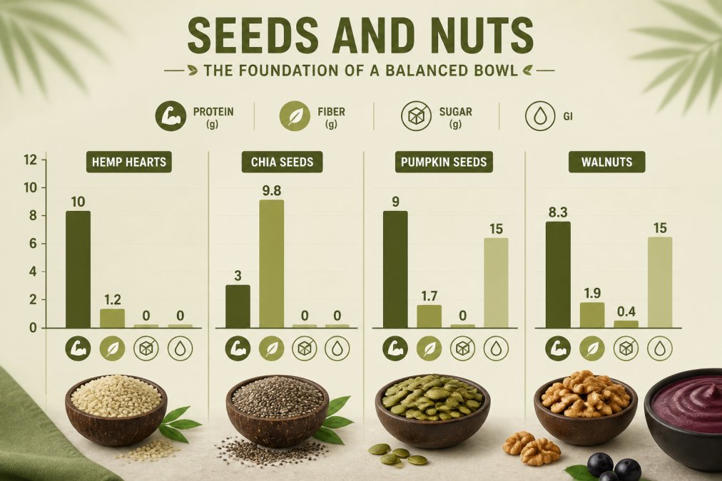 Bar chart comparing nutritional content per serving: Hemp hearts (10g protein, 1.2g fiber, 0g sugar, GI 0), Chia seeds (3g protein, 9.8g fiber, 0g sugar, GI 0), Pumpkin seeds (9g protein, 1.7g fiber, 0g sugar, GI 15), Walnuts (8.3g protein, 1.9g fiber, 0.4g sugar, GI 15)