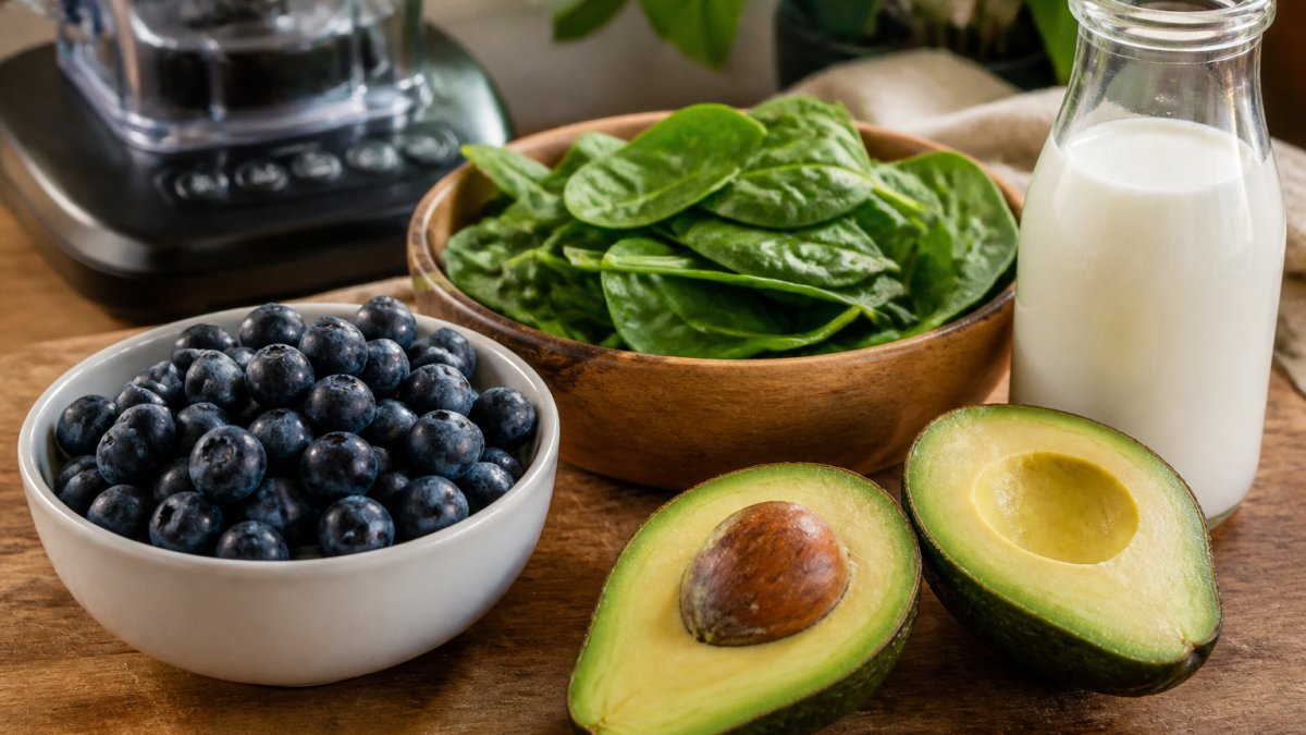 Close-up of fresh blueberries, spinach, avocado, and unsweetened almond milk arranged on a clean kitchen counter with a blender in the background