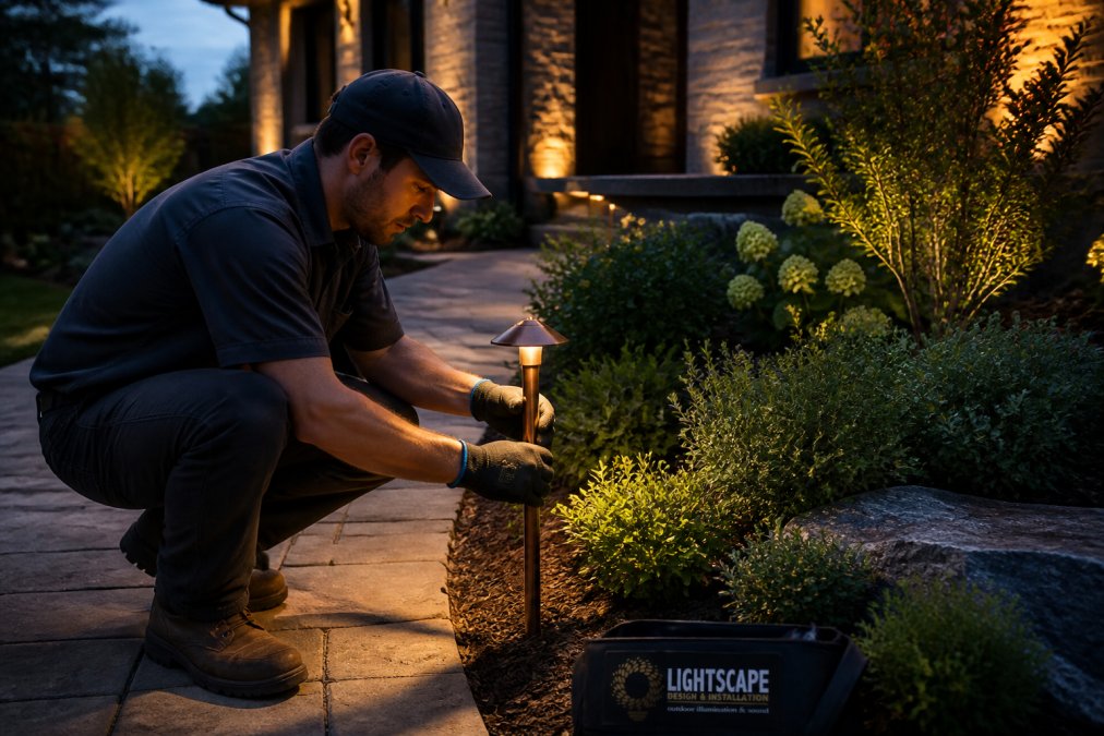 A landscaper in work gloves adjusting the aim of a brass path light beside a stone walkway at dusk, with warm pools of light falling across shrubs and a house facade in the background