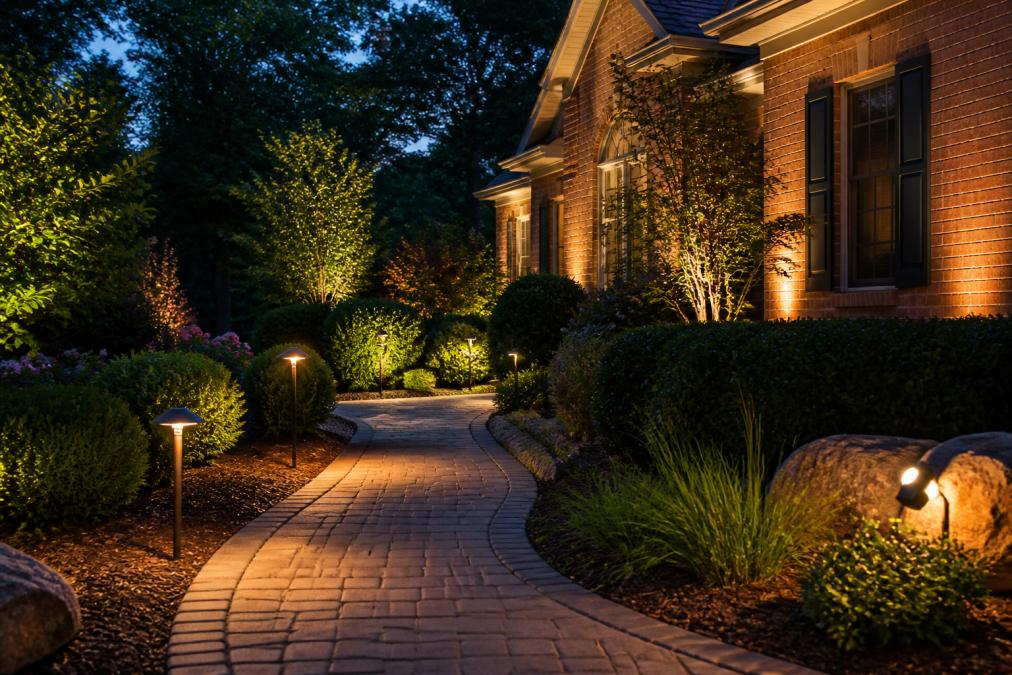 A residential landscape at dusk with multiple low voltage lighting fixtures illuminating a curved stone pathway, garden beds, and a brick home's architectural features, showing path lights and spotlights in action