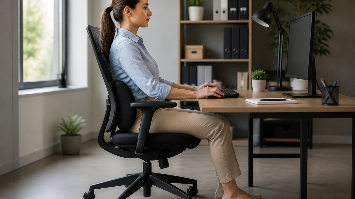 Professional office worker sitting upright at a desk with a lumbar support cushion positioned against the lower back, demonstrating proper spinal alignment and neutral pelvic position with feet flat on the floor in natural daylight
