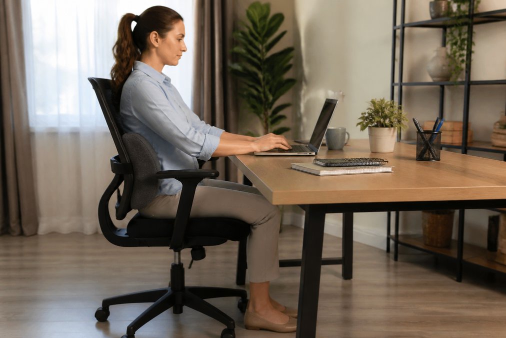 Remote worker sitting at home office desk with proper posture, lumbar pillow positioned behind lower back, shoulders relaxed, feet flat on floor, demonstrating correct spinal alignment