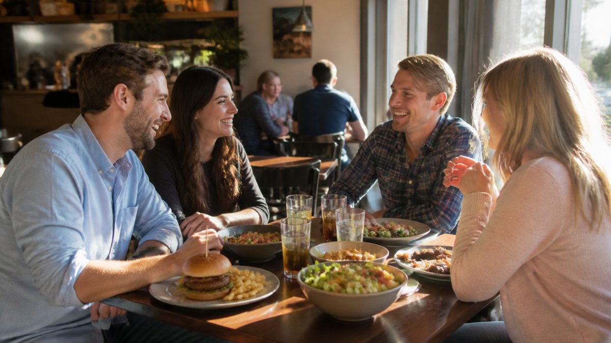 A group of office workers in casual attire enjoying a relaxed lunch at a family-owned restaurant, a homemade burger and fresh salad on the table, warm afternoon light through the window