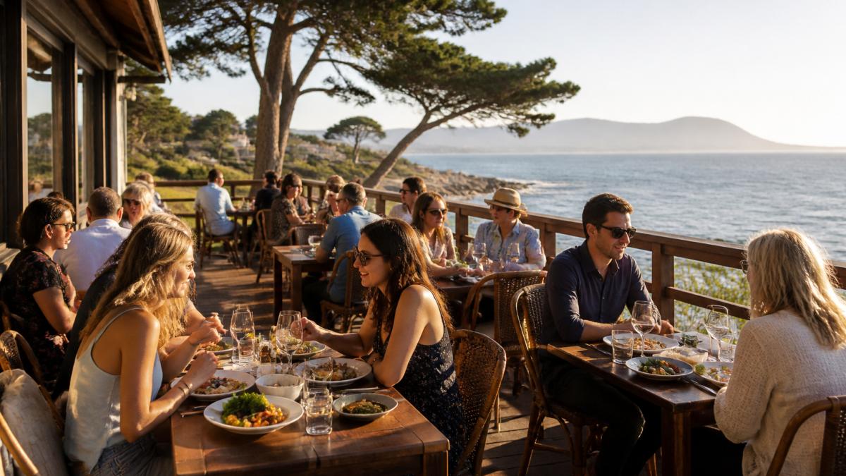 Vibrant coastal lunch scene with diners enjoying meals on an outdoor terrace overlooking the ocean, featuring locally sourced dishes and warm afternoon sunlight