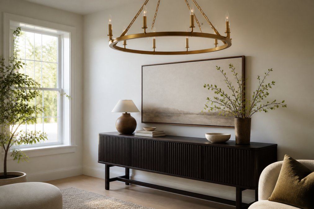 A styled living room corner featuring a classic ring chandelier in hand-rubbed antique brass hanging above a sleek dark timber console table, with soft natural light streaming through a nearby window