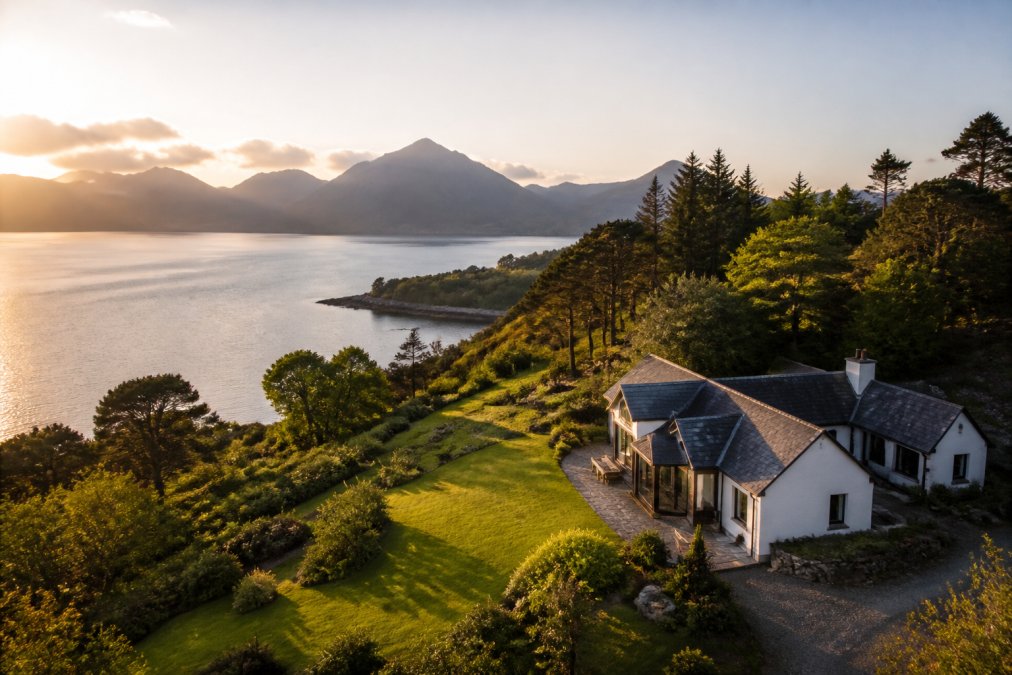 Aerial view of a luxury lodge perched on the westerly coastline with dramatic loch views, Highland mountains rising in the distance, and manicured gardens sloping toward the water under soft golden light