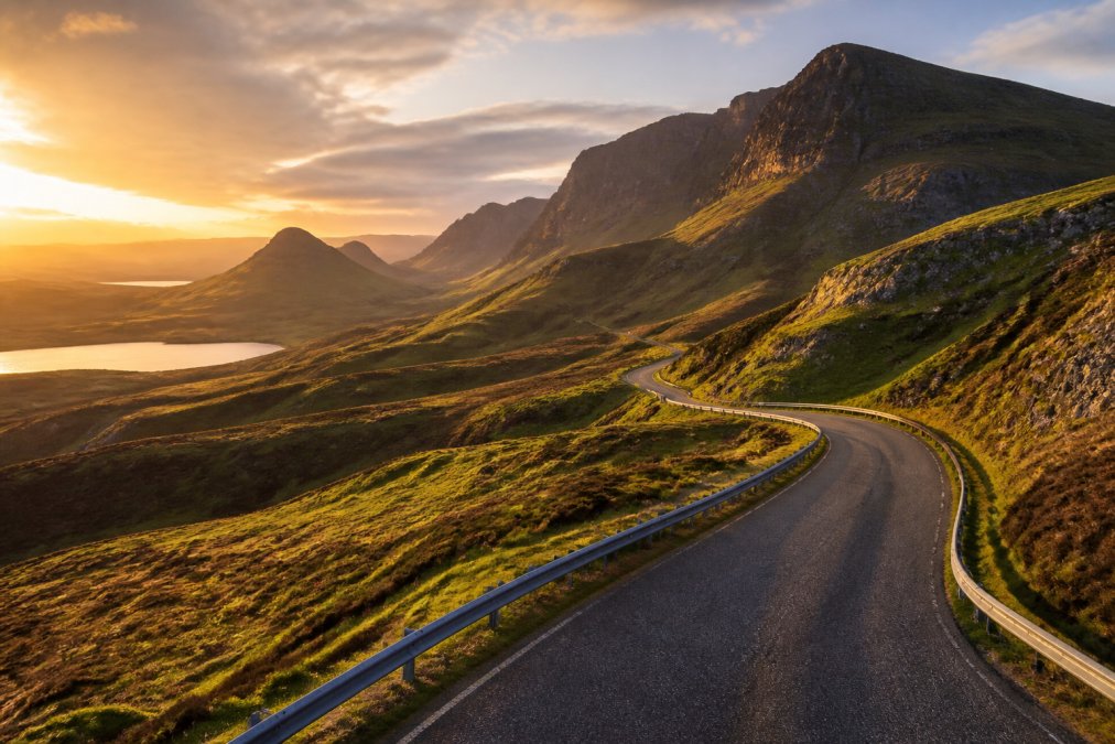 Winding Highland road cutting through dramatic mountain landscape with golden hour light illuminating the peaks and valleys, showing the scenic journey to remote Isle of Skye accommodation