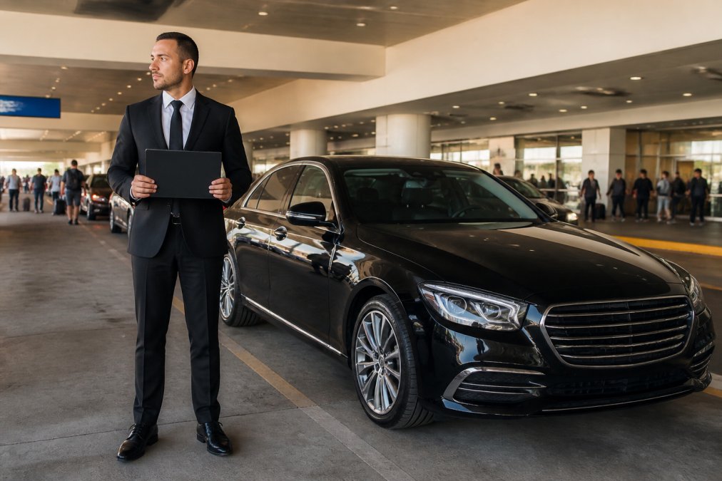A professional chauffeur in a dark suit holding a name sign while standing beside a polished black luxury sedan at a busy airport arrivals terminal, warm overhead lighting illuminating the vehicle's glossy finish