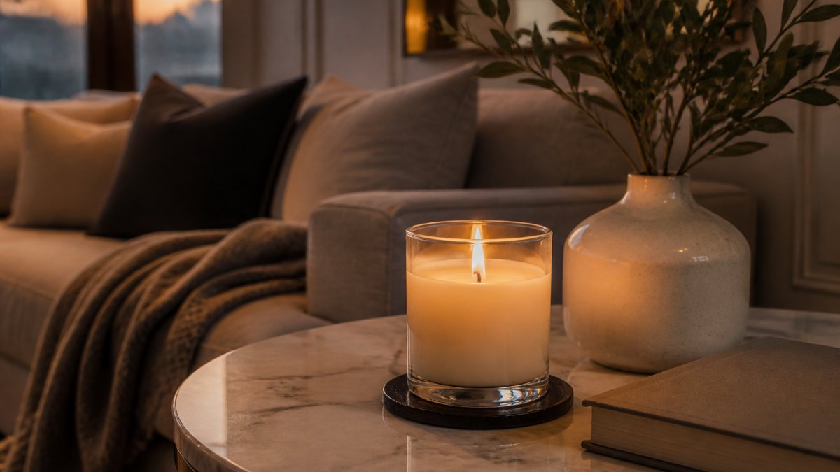 A lit luxury candle in an elegant glass vessel on a marble side table in a sophisticated living room, with soft evening light and a book and ceramic vase nearby