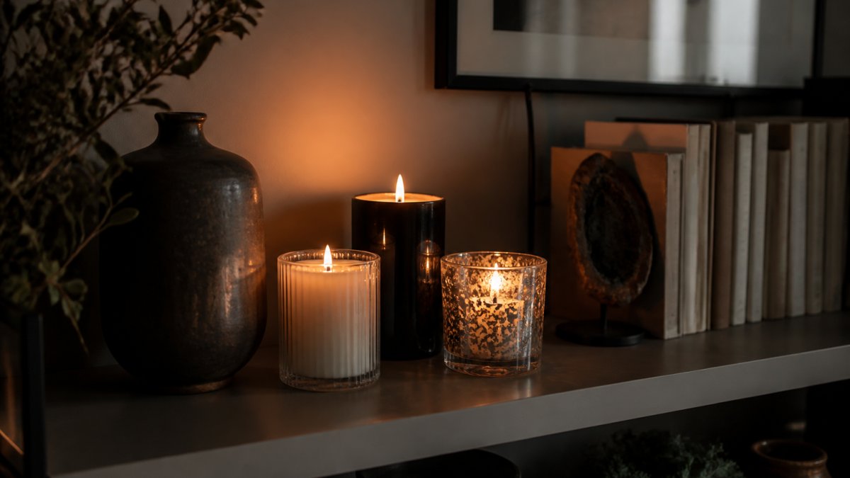 Styled living room shelf displaying three luxury candles of varying heights and vessel designs alongside decorative books and objects, with warm candlelight creating ambient atmosphere and soft shadows on the wall